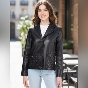 NWT Sandro Shanon Quilted Pocket Button Up Leather Jacket Blazer Black Size XS